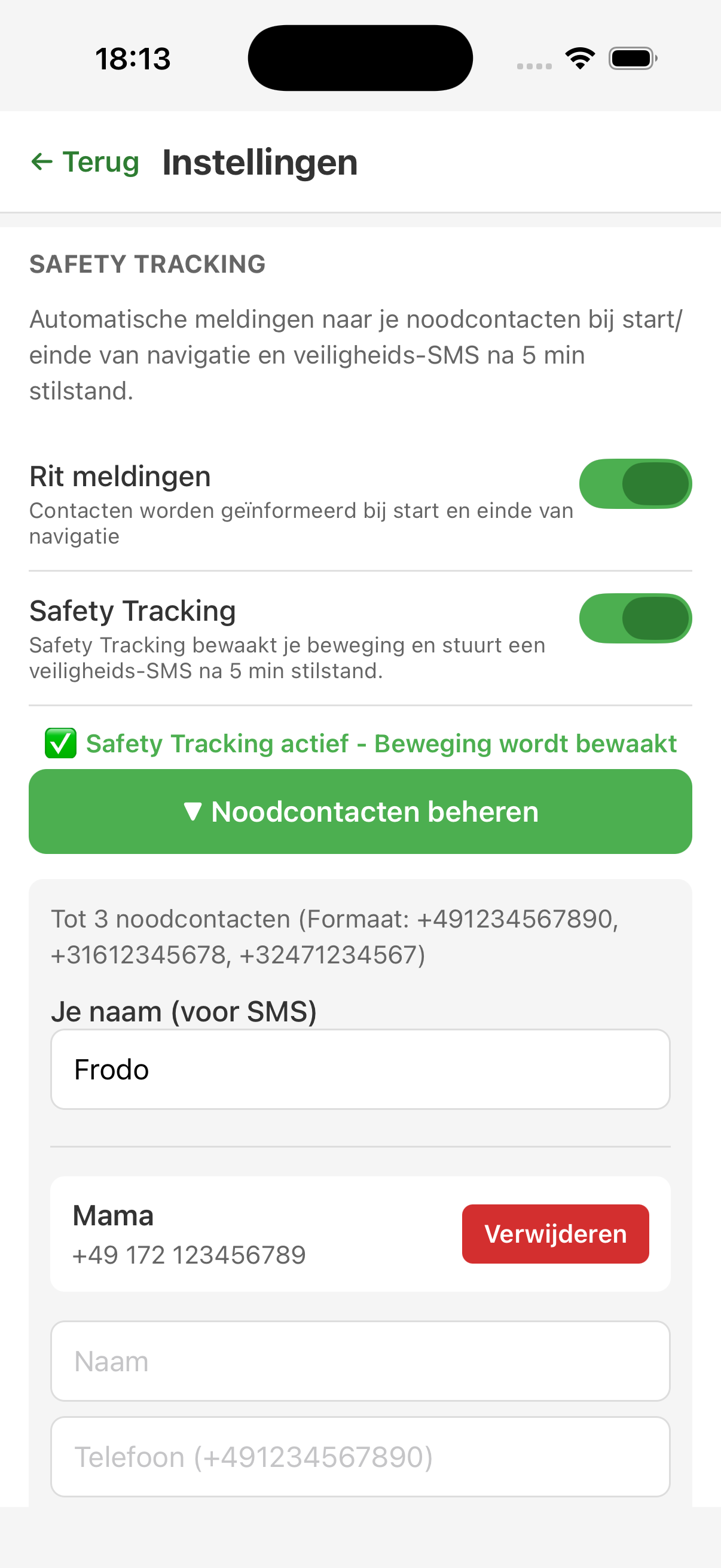 ReitNavi Veiligheidstracking en noodcontacten