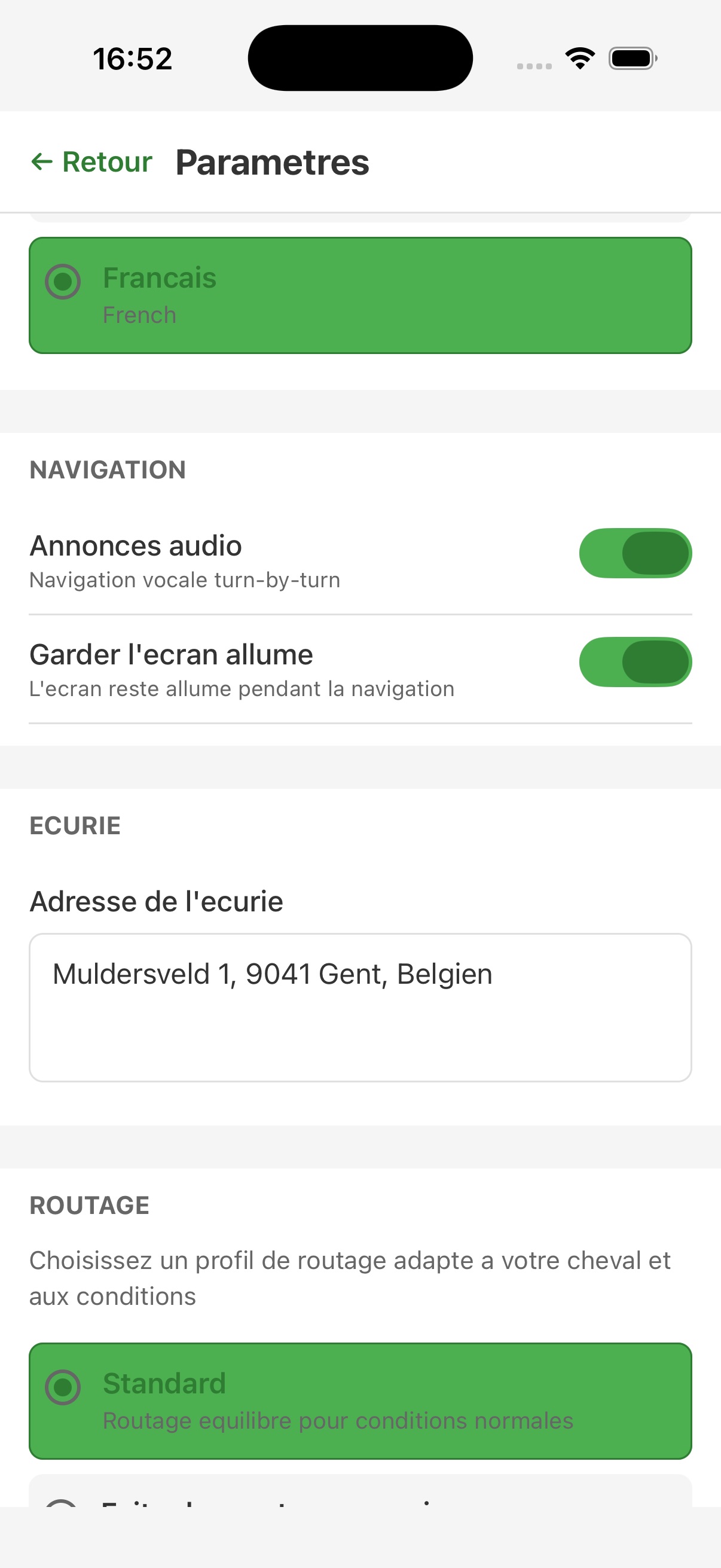 Paramètres Reitnavi - Navigation audio et écurie