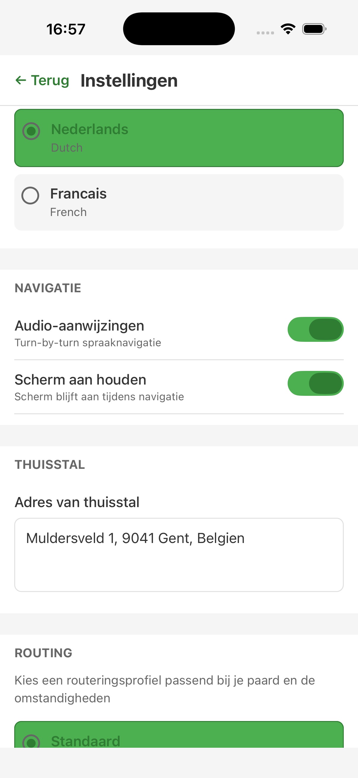 Reitnavi Instellingen - Audio-navigatie en thuisstal